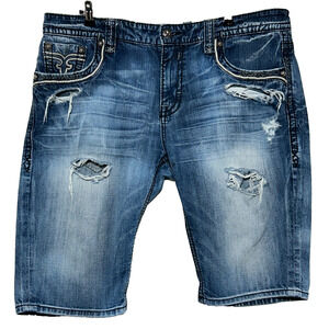 Rock Revival Chad Shorts Mens 42 Blue Measures 42x15 Distressed Denim Jorts